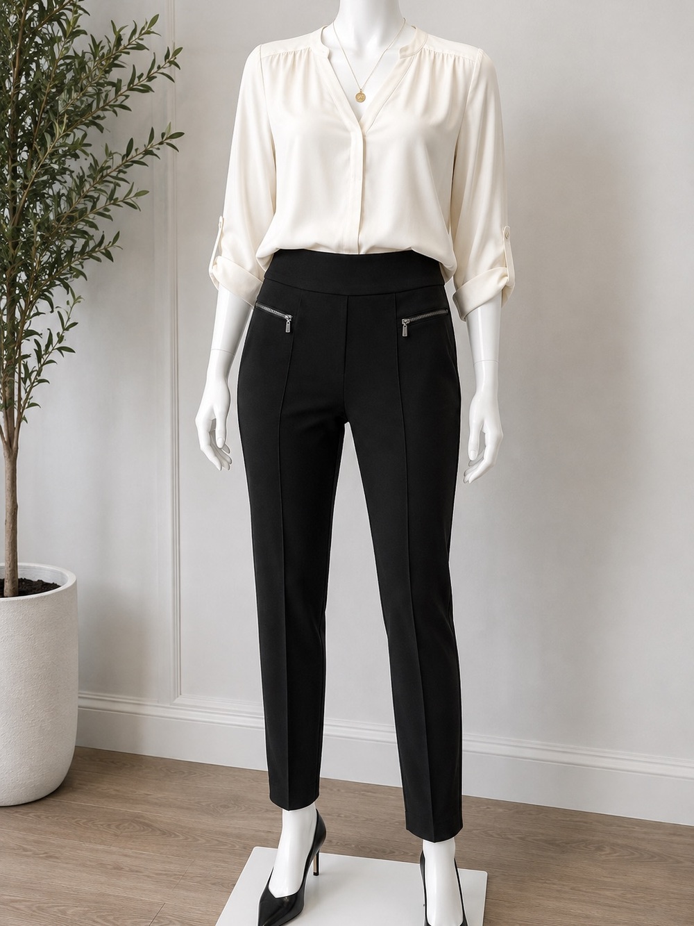 Style & Co. Black Straight-Leg Ponte Pants with Zip Details